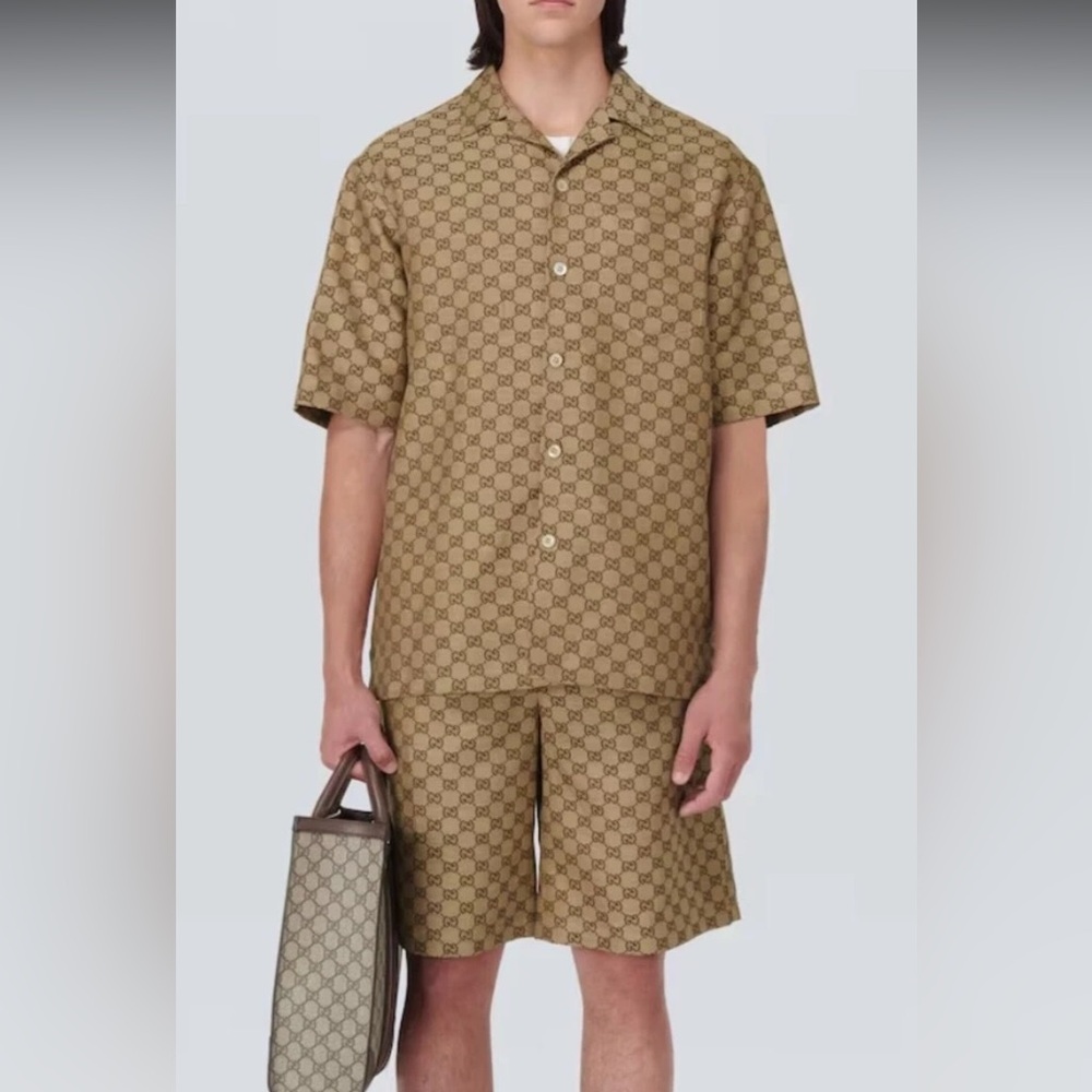 Gucci Beige Patterned Men's Button Down Shirt